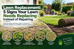 Featured blog banner highlighting signs for lawn replacement, showing freshly rolled turf and a garden rake alongside a patchy, damaged grass lawn.