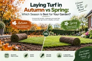 Laying turf in autumn and spring compared side by side, showing rolled turf in seasonal garden settings.