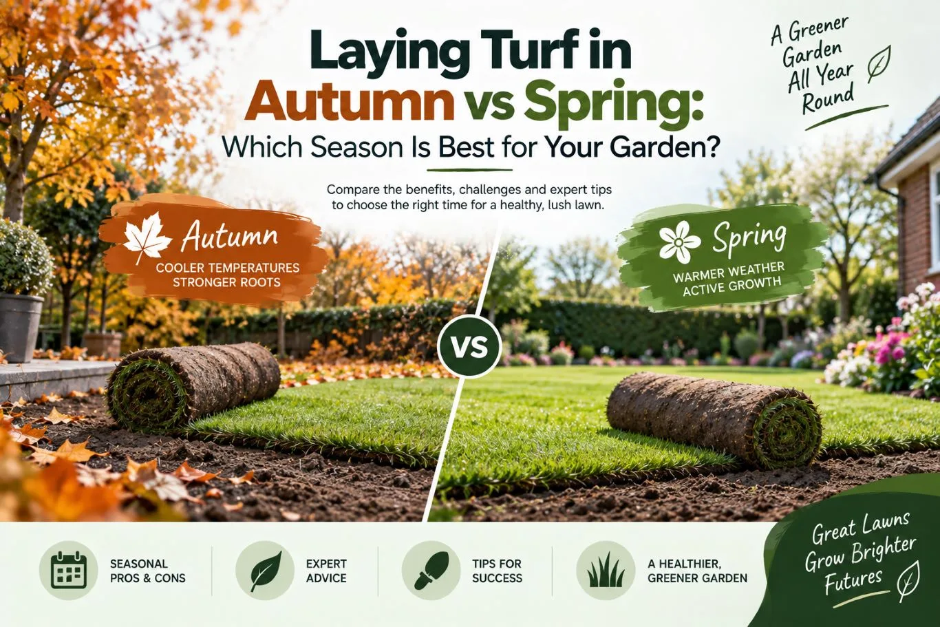 Laying turf in autumn and spring compared side by side, showing rolled turf in seasonal garden settings.