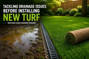 Landscaper grading screened topsoil to fix drainage before laying turf rayleigh essex lawn
