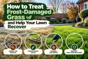 Featured blog recovery guide banner showing how to treat frost damaged grass, featuring a split-view lawn transitioning from frost to healthy green turf alongside lawn repair steps.