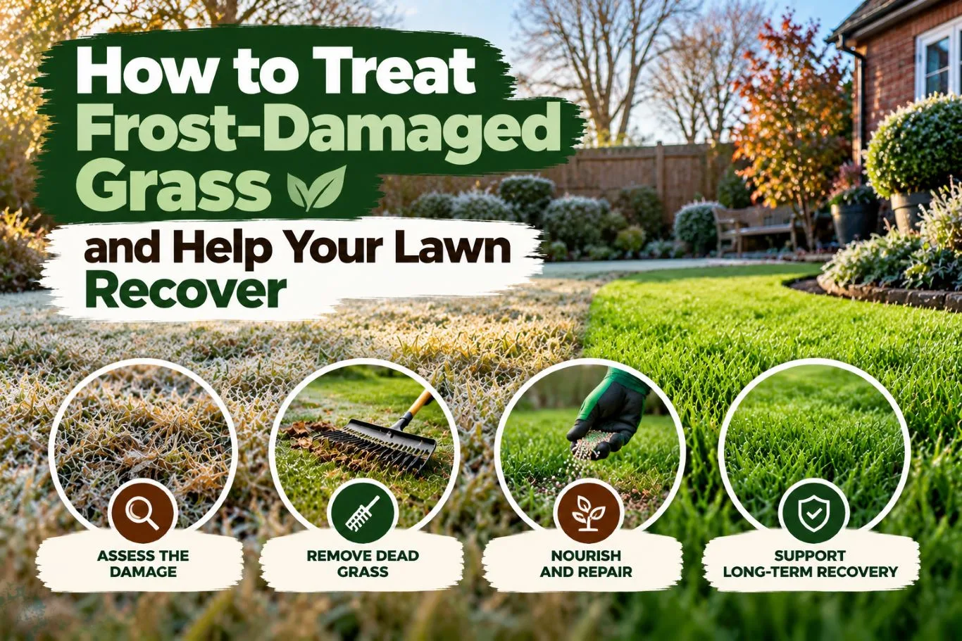 Featured blog recovery guide banner showing how to treat frost damaged grass, featuring a split-view lawn transitioning from frost to healthy green turf alongside lawn repair steps.