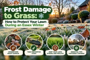 Featured blog guide banner on preventing frost damage to grass, showing close-up frosted lawn blades and fallen leaves at sunrise alongside winter garden protection tips.