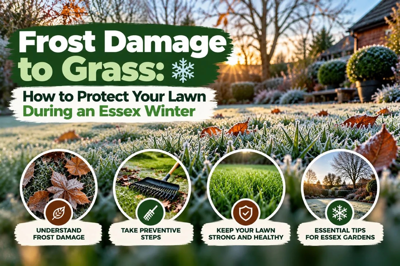 Featured blog guide banner on preventing frost damage to grass, showing close-up frosted lawn blades and fallen leaves at sunrise alongside winter garden protection tips.
