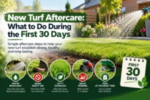 Featured blog guide banner outlining new turf aftercare tips, showing freshly laid lawn rolls being watered with a hose alongside 30-day maintenance icons.