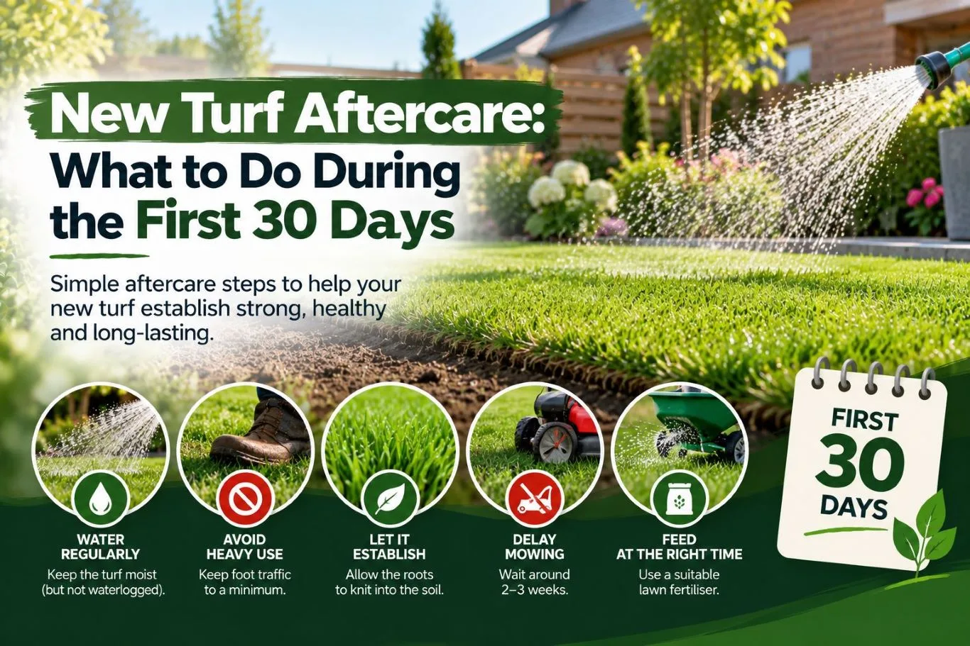 Featured blog guide banner outlining new turf aftercare tips, showing freshly laid lawn rolls being watered with a hose alongside 30-day maintenance icons.