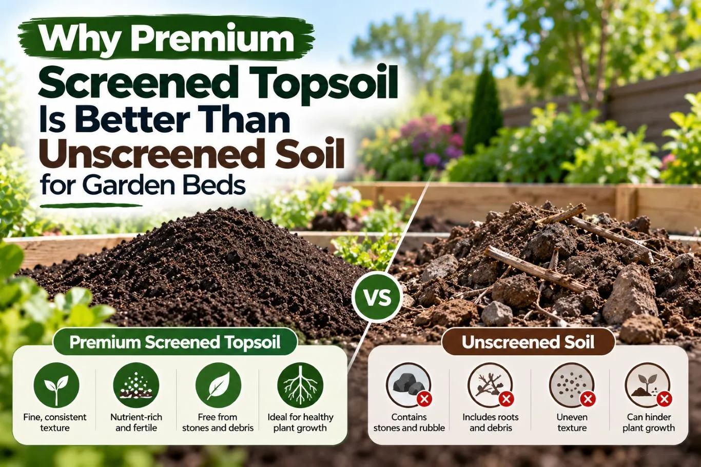 Featured blog banner comparing premium screened topsoil with rough unscreened soil in garden raised beds, highlighting differences in texture, debris, and plant suitability.