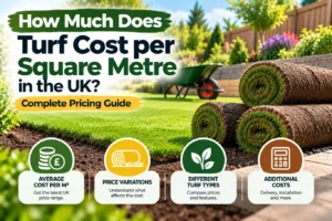 Featured blog pricing guide banner explaining UK lawn expenses, detailing average turf cost per square metre alongside stacked rolls of fresh grass and a manicured garden lawn.