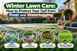 Featured blog guide banner on winter lawn care, showing a frost-covered garden turf alongside practical tips to prevent waterlogging and seasonal lawn damage.