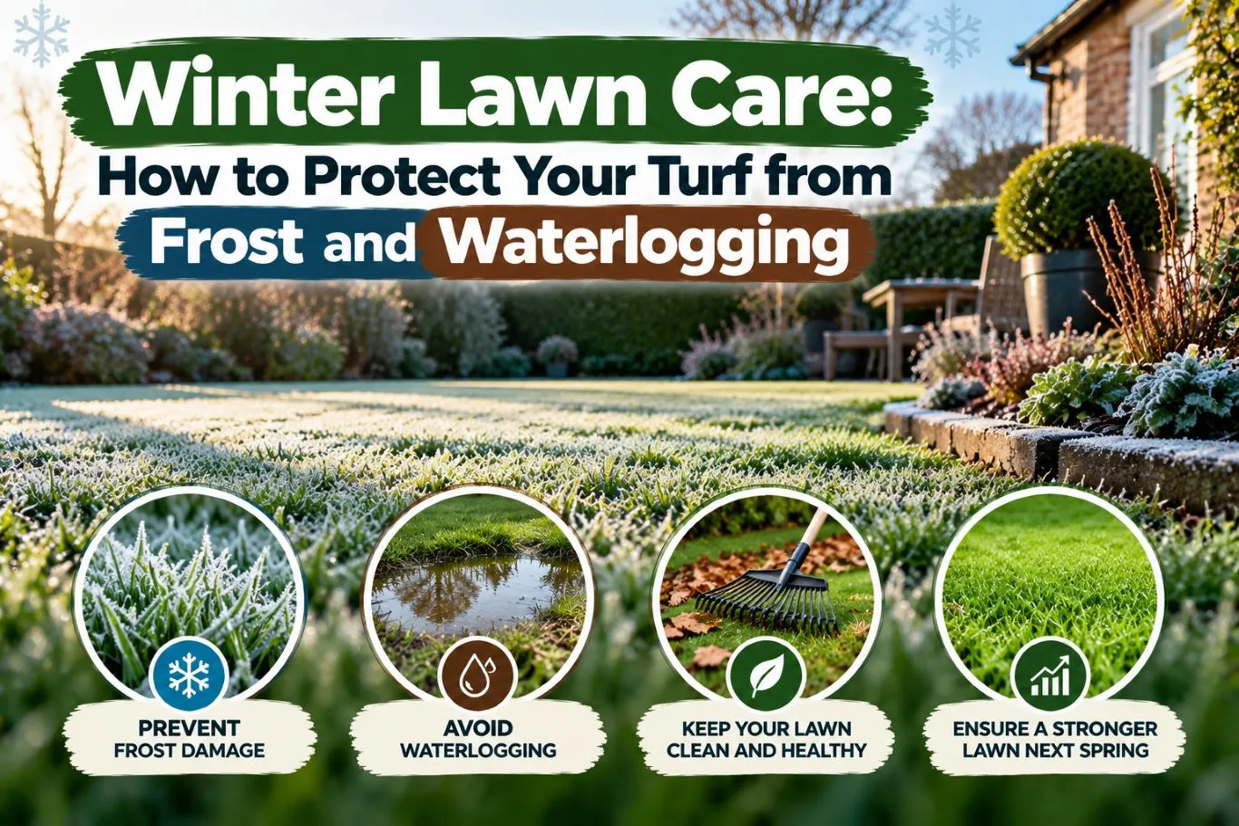 Featured blog guide banner on winter lawn care, showing a frost-covered garden turf alongside practical tips to prevent waterlogging and seasonal lawn damage.