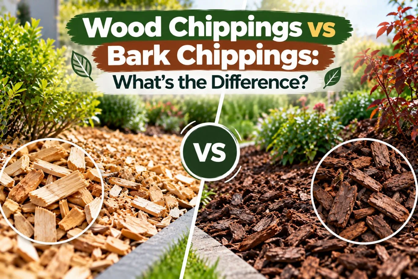 Featured blog guide banner comparing wood chippings vs bark chippings, displaying a side-by-side garden border view of light shredded timber next to dark decorative bark mulch.